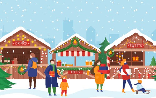 Graphic of people shopping in a outdoor snowy setting