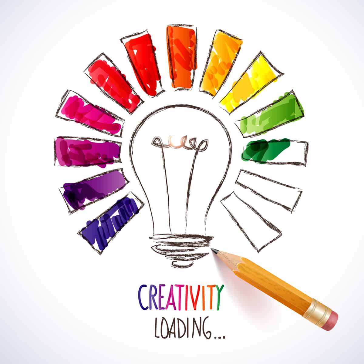 Creativity loading graphic - lightbulb with rainbow colors